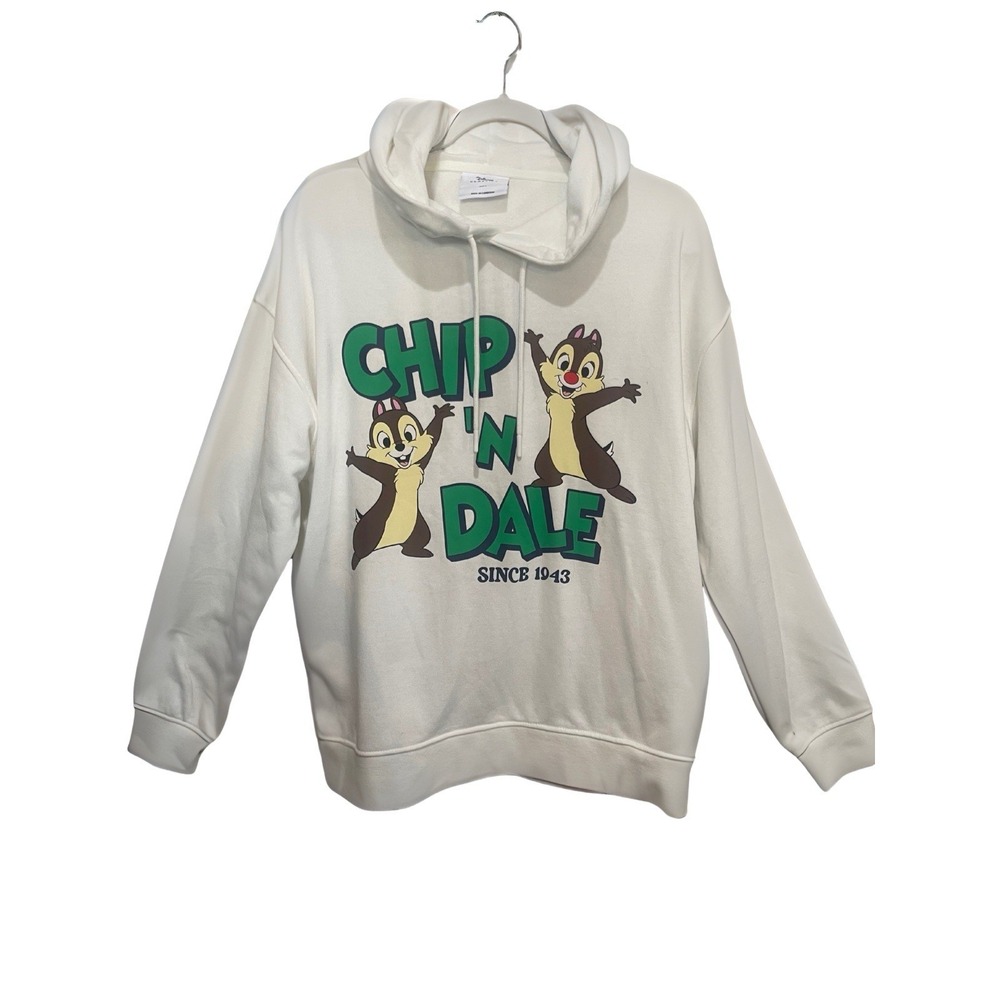 Disney Chip N Dale White Hoodie Pullover Since 1943 Graphic Sweatshirt LARGE